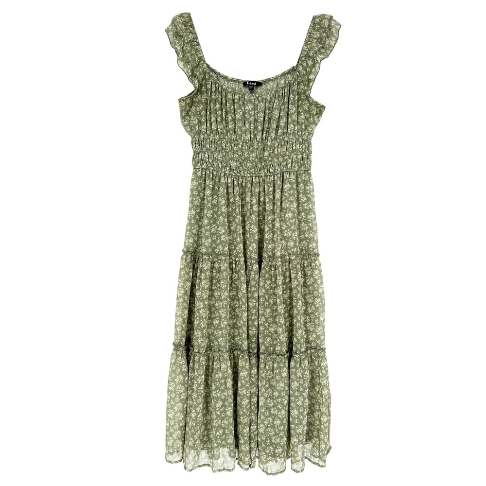 Trixxi Tiered Midi Dress Womens L Green Floral‎ Smocked Ruffle Cottagecore Boho